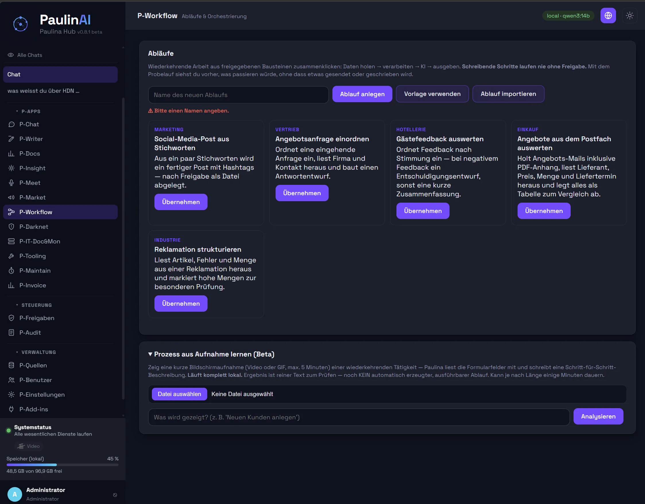 PaulinAI workflow interface